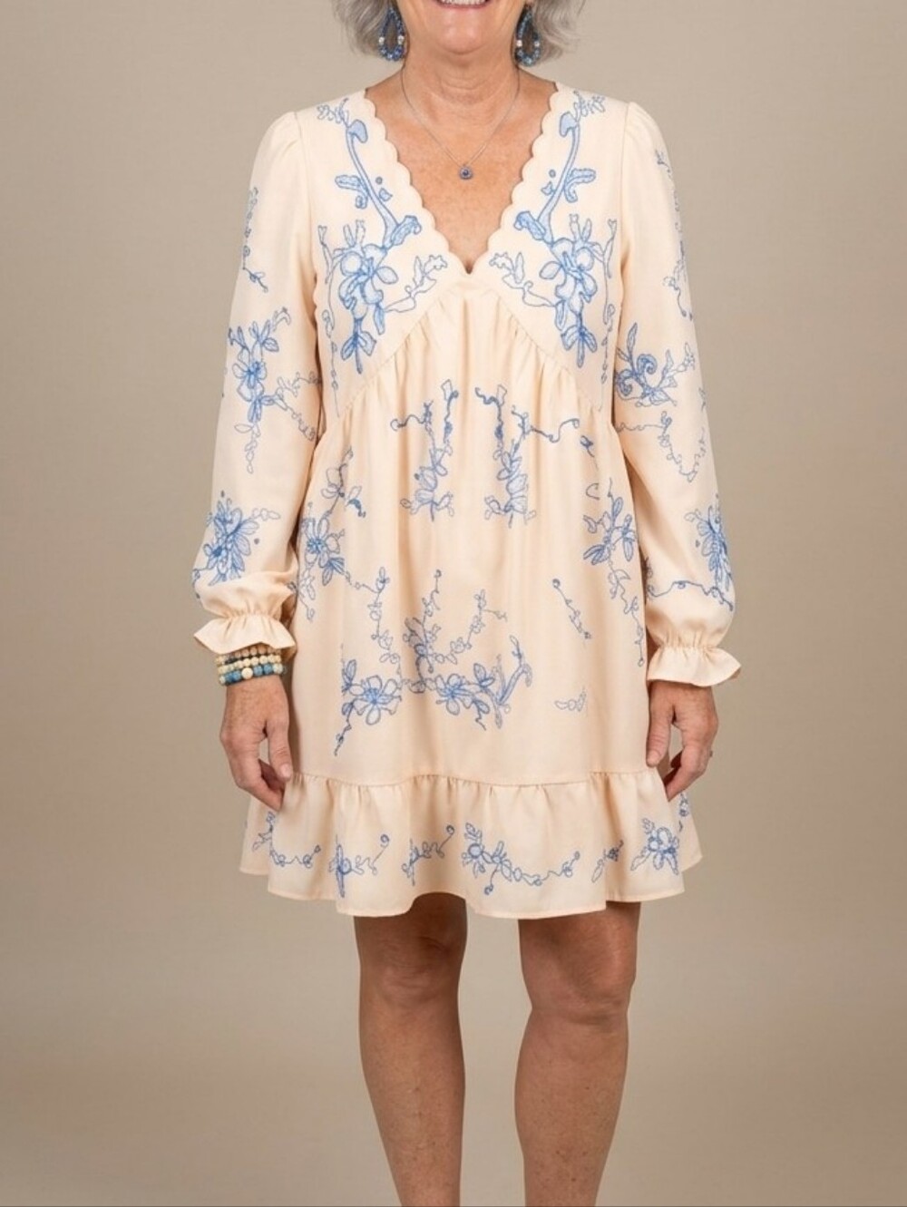 LIKE-NEW Scalloped Trim, Boho Orchids Ruffuled Mini Dress, Blue & Cream, Summer